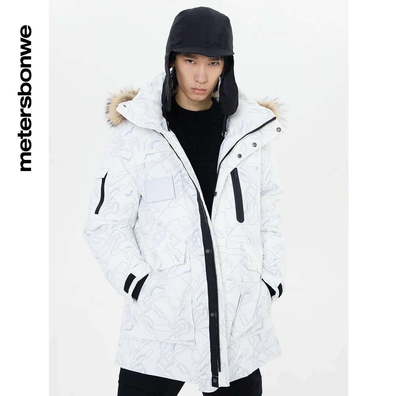 Metersbonwe Long Down Jacket Winter Men Fur Collar Hooded Thick Winter Down Coat Fashion Overcoat Pocket  Red Outerwear Warm