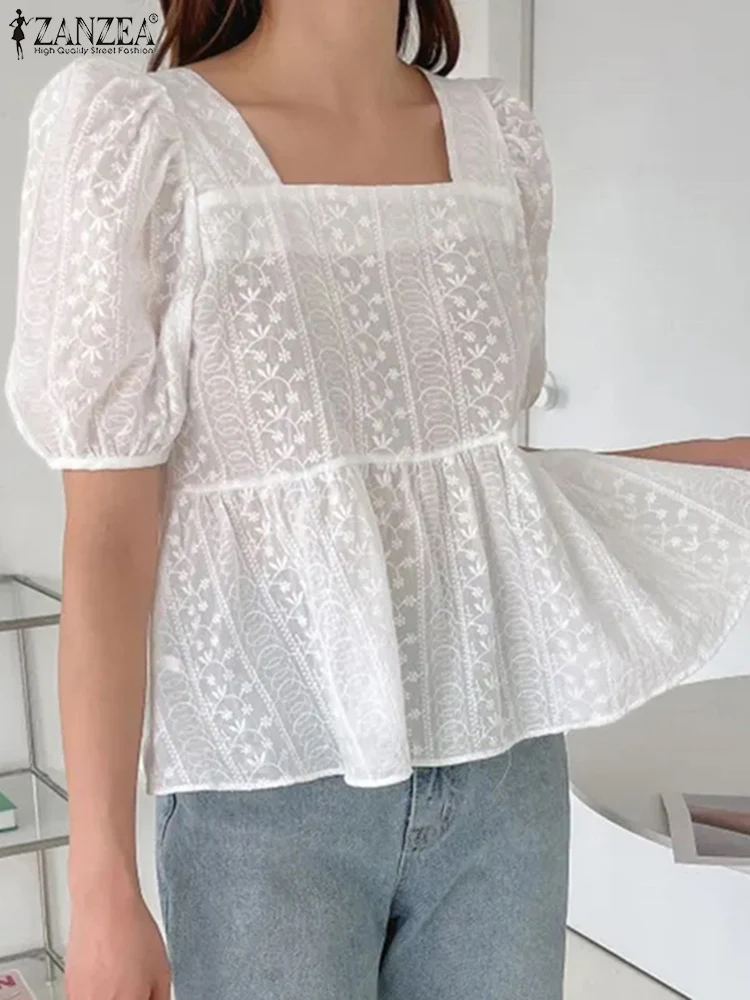 

Блузка ZANZEA женская с вышивкой и квадратным вырезом, модный элегантный топ в Корейском стиле, винтажная Однотонная рубашка с коротким рукавом-фонариком, лето