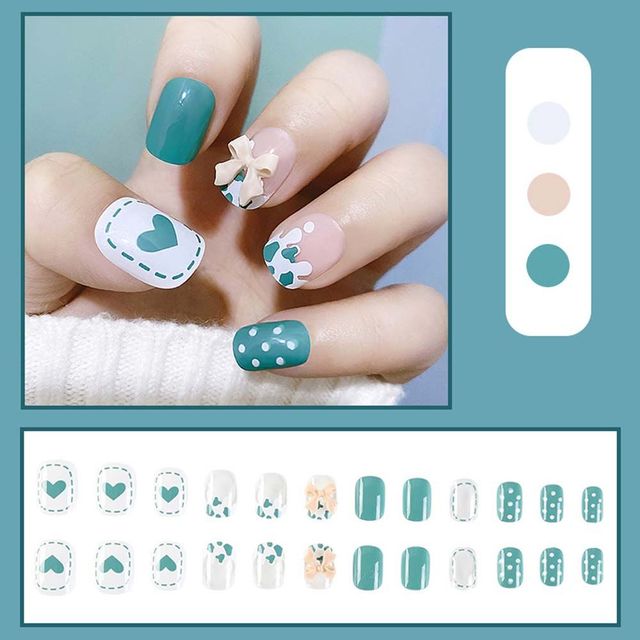 on False with Designs Set Bowknot Cartoon Animal Decal Fake Nails Art Heart Point Full Cover Artificial Short Nail Tips