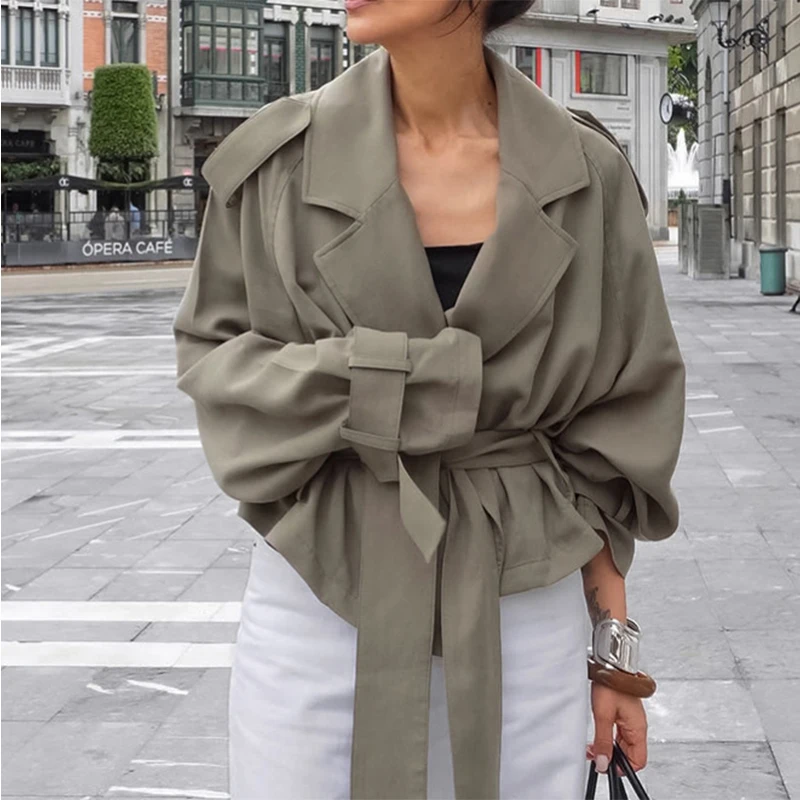 Women Elegant Full Sleeve Lace Up Jacket Loose Fashion Solid Lapel Belt 6