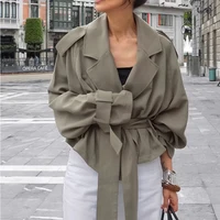 Women Elegant Full Sleeve Lace Up Jacket Loose Fashion Solid Lapel Belt 6