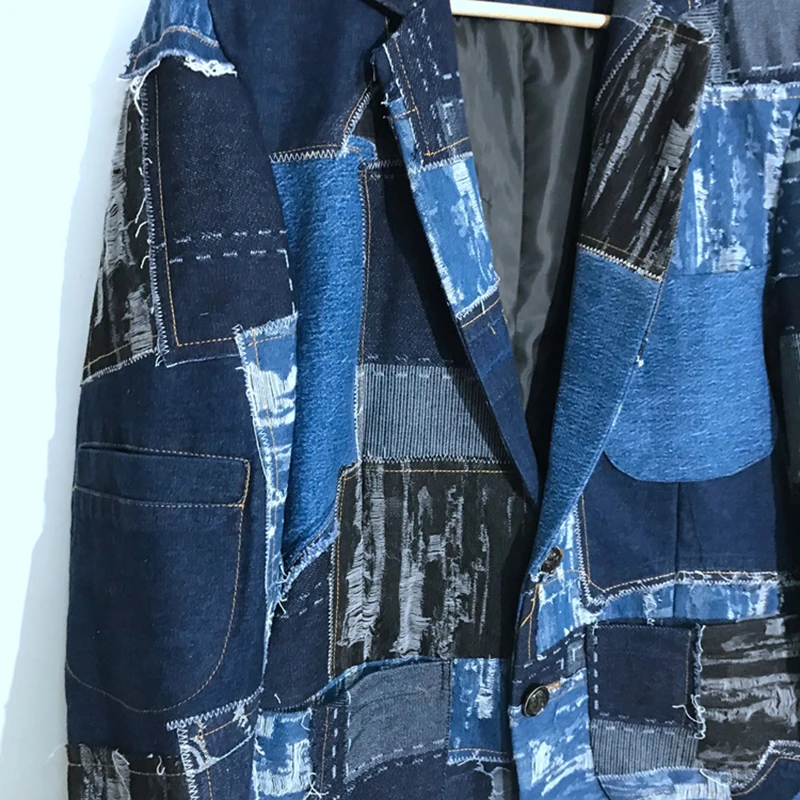 PFHQ Men's Hole Denim Patchwork Wearproof Blazers Tide Creativity Personality Worn Out Vintage Autumn Streetwear Jackets 21Z1387