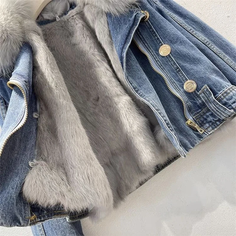 Women's Winter Detachable Fur Denim Parka Plush Size thick Jeans