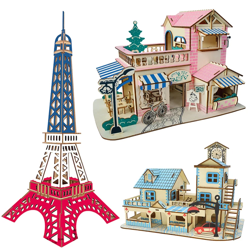 

3D Wooden Puzzle Eiffel Tower Bridge Dutch Windmill Chrysler DIY Building Model Wood Jigsaw Educational Toys For Children Kids