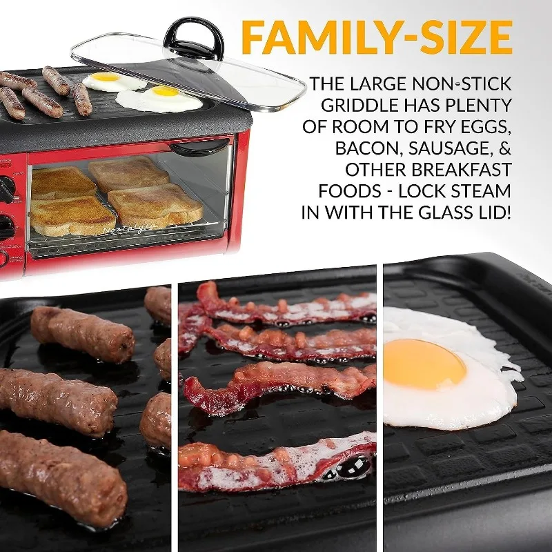 OUIO 3-in-1- Includes Coffee Maker, Non-Stick Griddle, and 4-Slice Toaster Oven - Versatile Breakfast Maker with Timer-red 3