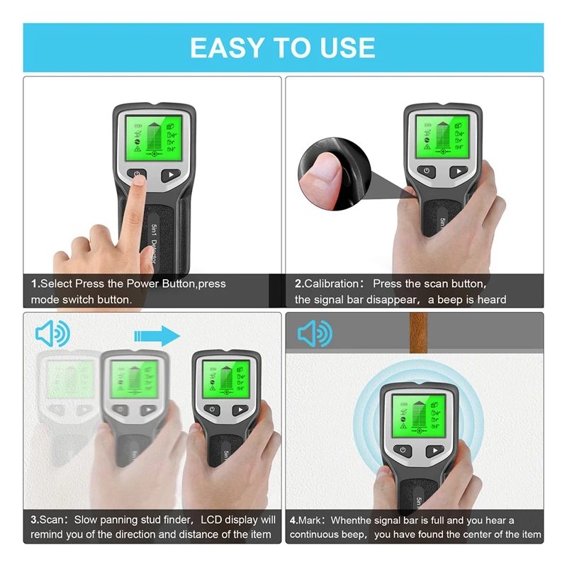 5-In-1 Studs Metal Detector Wall Scanner AC Wood Finder Cable Wires Depth Tracker Electric Box Finder Wall Detector Durable B
