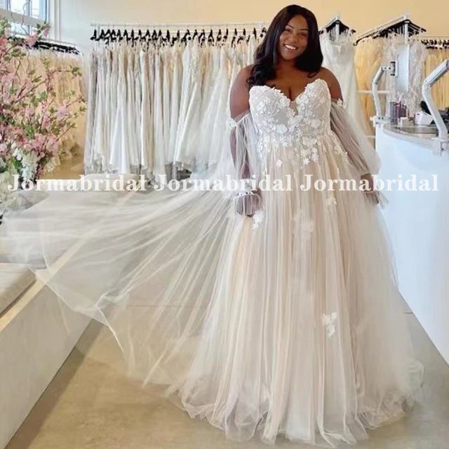 Plus Size Boho Wedding Dresses Light Champagne Sweetheart Floral Applique  Soft Tulle Off Shoulder Puffy Long Sleeve Bridal Gowns - Wedding Dresses -  AliExpress