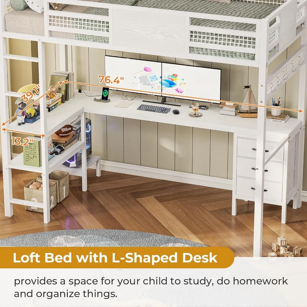 Loft Bed Twin Size with L-Shaped Desk, LED Lights,Charging Station, Twin Metal Loft Bed Frame with Fabric Drawers & Shelve 2