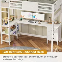 Loft Bed Twin Size with L-Shaped Desk, LED Lights,Charging Station, Twin Metal Loft Bed Frame with Fabric Drawers & Shelve 2
