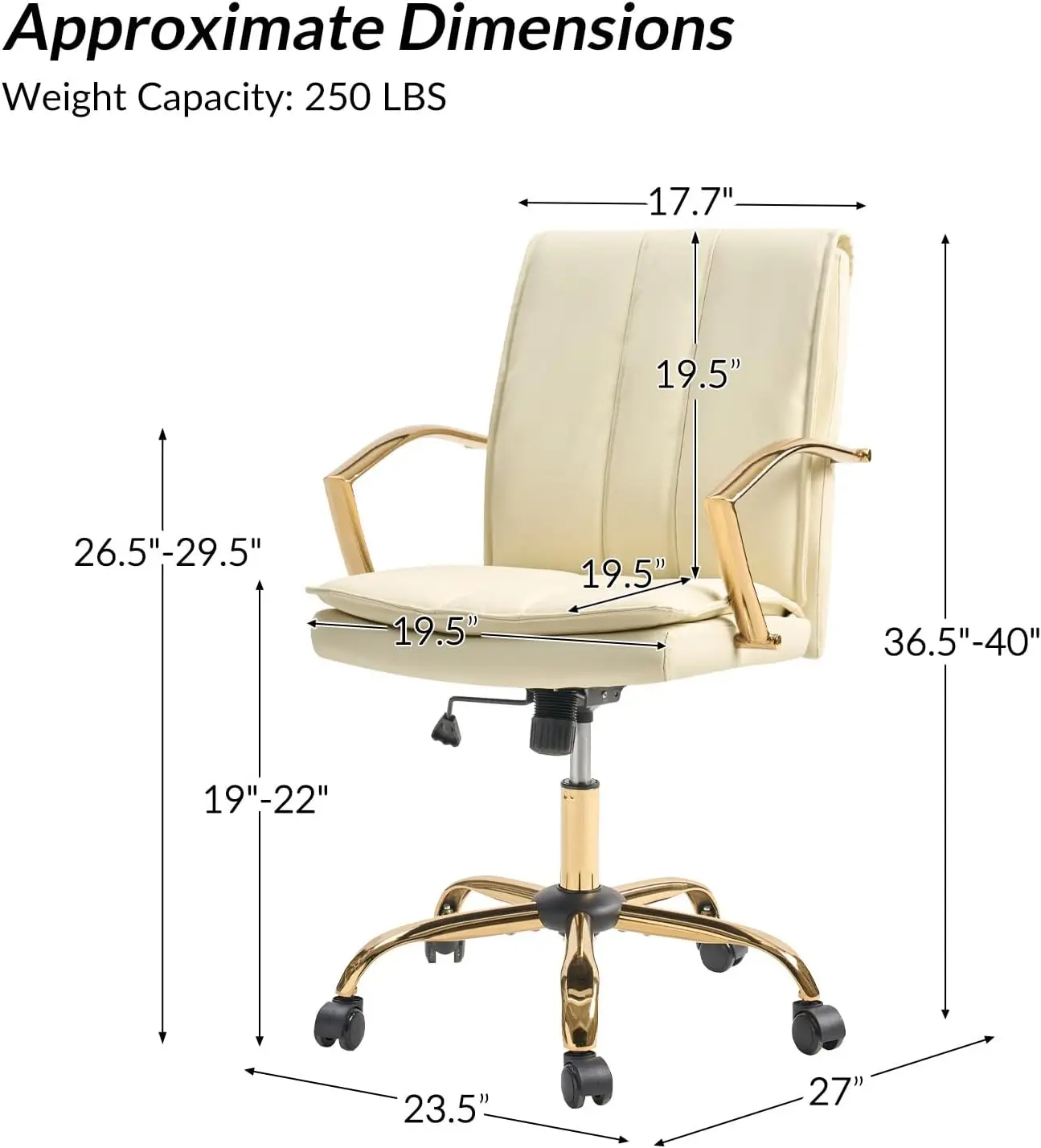 Hulala Home Faux Leather Office Chair, Modern Adjustable Swivel Rocking Rolling Wheels Computer Desk Chair With Gold Legs And 2