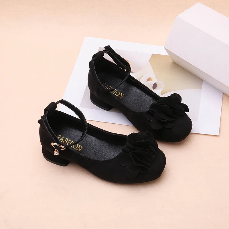 Black Leather Ankle Strap High Heels for Kids School Uniform