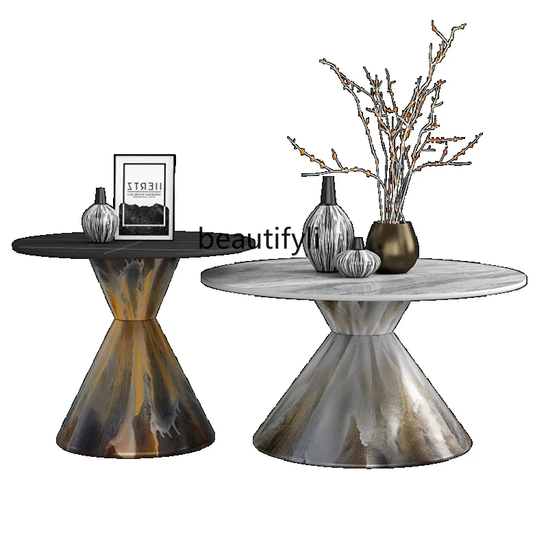 

Simple Modern Home Living Room Coffee Table Nordic Light Luxury Stone Plate round Table Creative Hand Painted Brushed Side Table
