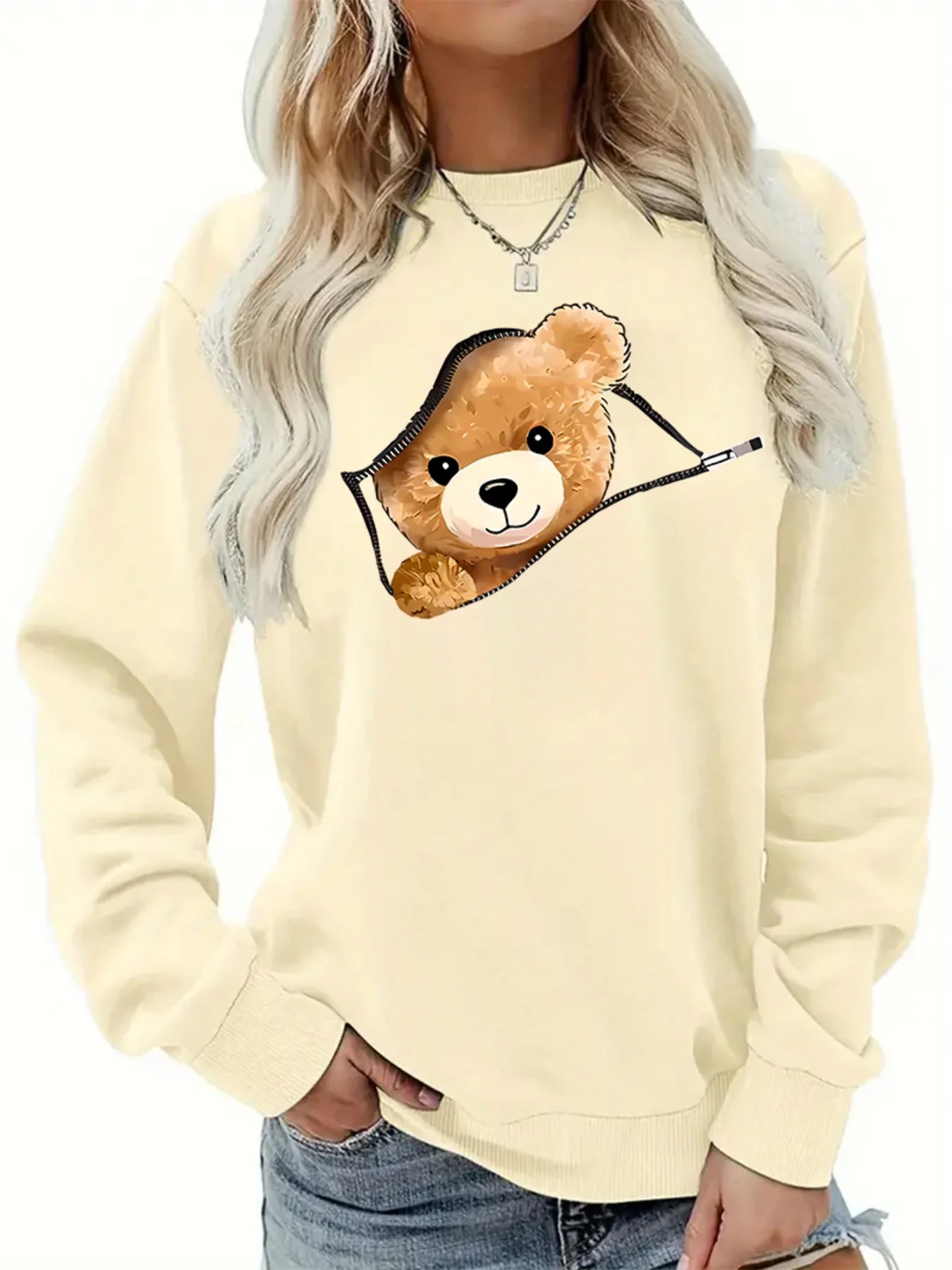 Women's Autumn and Winter Loose Casual Cartoon Zipper Bear Pattern Printed Velvet Long-Sleeved Round Neck Sweatshirt Pullover