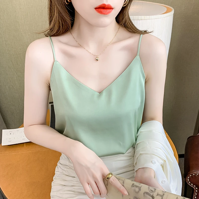 cami top Dây Đeo Đầu Nữ Cột Dây Cổ V Màu Trắng Cơ Bản Cami Áo Lụa Satin Xe Tăng Cao Cấp Nữ Mùa Hè Yếm OL Thời Trang phụ Nữ Quần Áo camisole Tanks & Camis