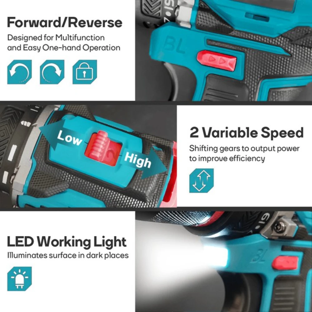 PATUOPRO 10mm Cordless Brushless Electric Drill 2-Speed Metal Chuck Drill Screwdriver Home DIY Power Tool For Makita 18V Battery 4