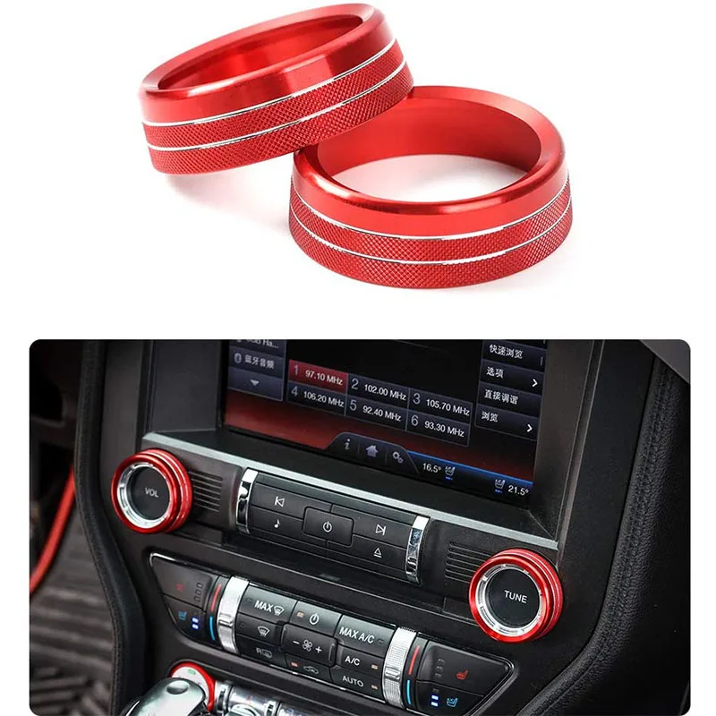 3 air conditioning button ring headlight knob decoration suitable for Ford Mustang 2015‑2020 bright red color car air conditioning decoration