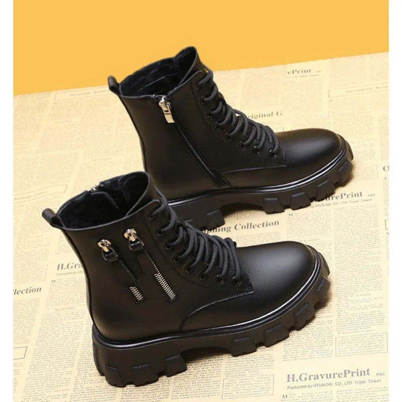 Snow Boots Women Winter 2023 New Plush Velvet Woman Shoes Warm Ankle Boots Thick Cotton Shoes Furry Black Women PU Leather Boots