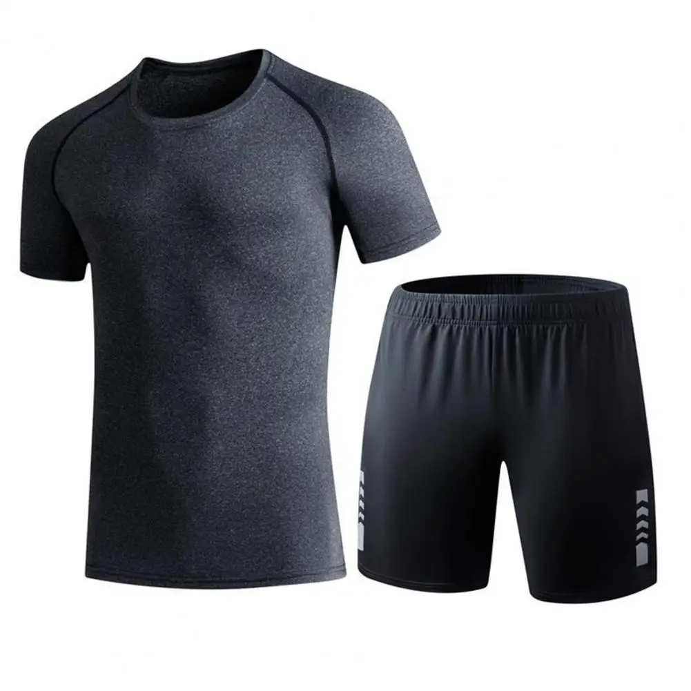 

Men Sports Suit Quick-drying Fitness Outfit Men's Summer Sportwear Set O-neck Short Sleeve T-shirt Elastic Waist Wide for Active