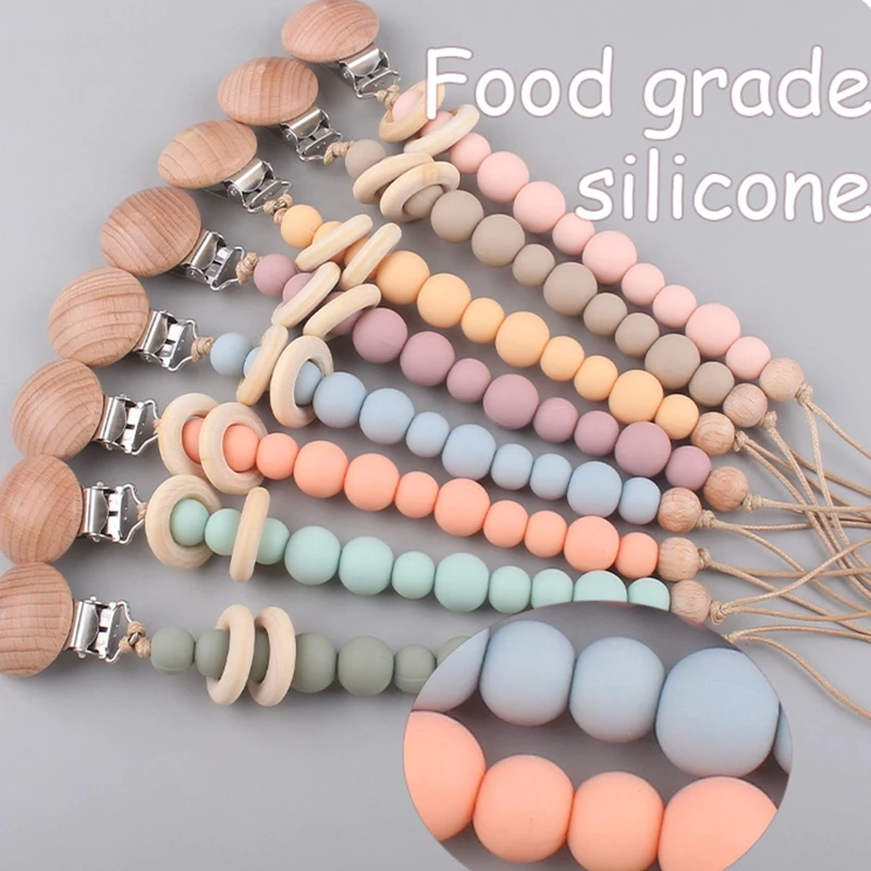 Baby Pacifier Chain Clip Nursing Teether Soother Holder Silicone Beads Chain Wooden Clip DIY Dummy Nipple Holder Leash teething toys pacifier clip pacifier chain
