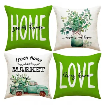 1pcsSet Spring Themed Car Vase & Flower & Letter & Green Leaves Decor Pillowcase For Sofa Cushion And Pillow Home Decoration 6
