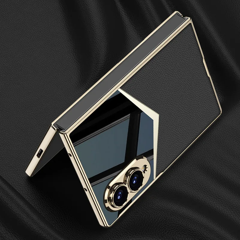 Elegant Leather Plated Frame Color Block Case with Front Glass Protective Film Cover