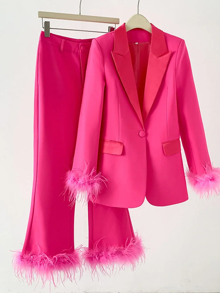 

HIGH STREET Newest 2024 Fashion Designer Runway Suit Set Women Single Button Feather Embellished Blazer Pants Suit