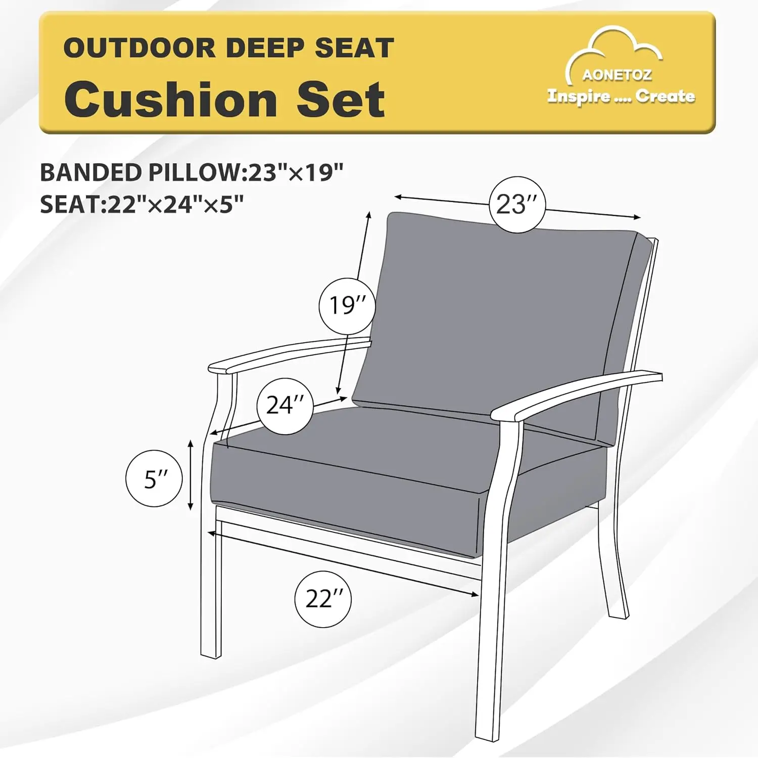 Set 24 x 22 Inch,Olefin Fabric Deep Seat Patio Cushions,Patio Furniture Cushions with Removable Cover,Rain-Proof and Fade