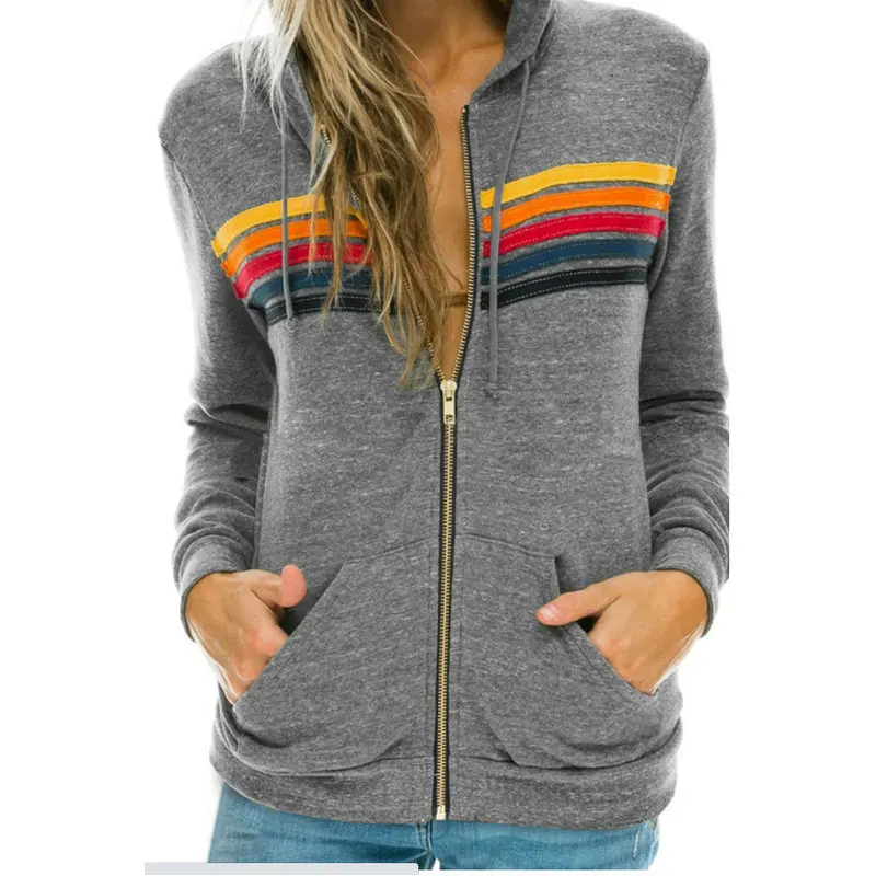 

2024 Women's New Aviator Nation Hooded Sweatshirts Casual Zipper 5 Stripe Rainbow Long Sleeve Jacket Coat