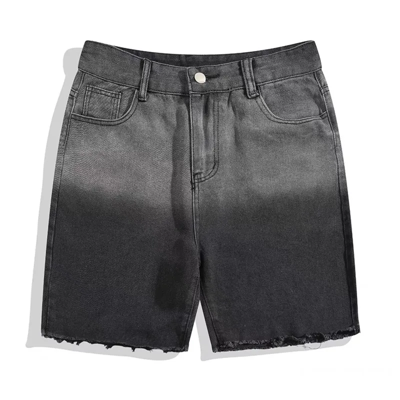 Summer Gradient Denim Shorts Men's Fashion Retro Denim Shorts Mens Streetwear Korean Loose Hip-hop Straight Men
