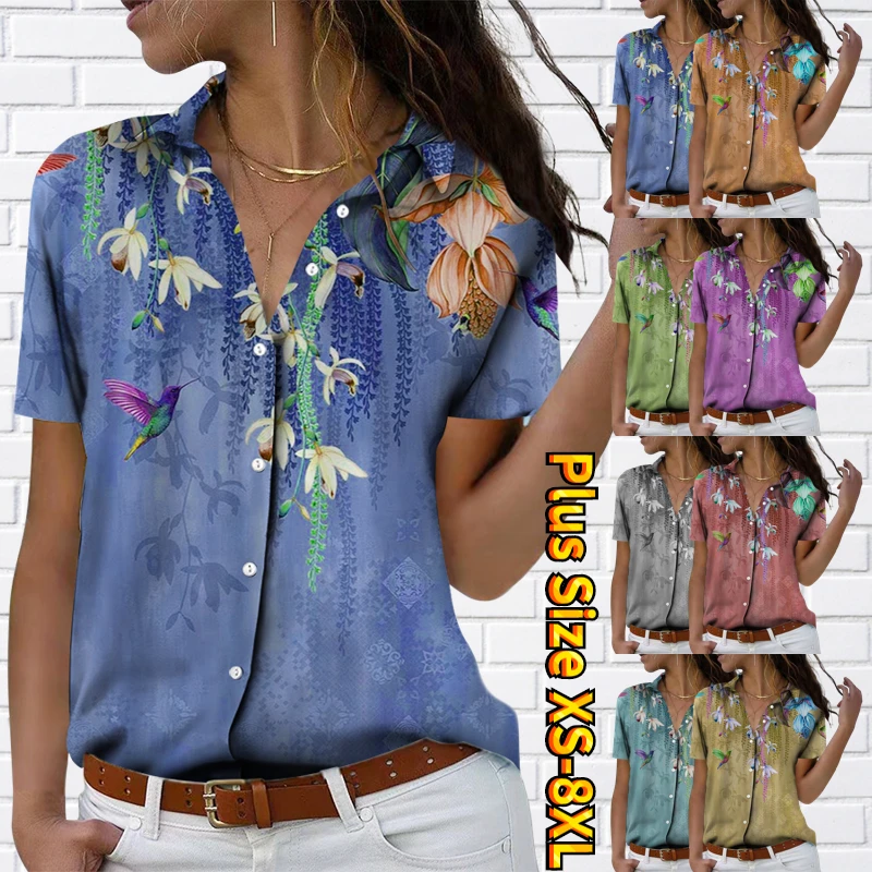 

Elegance New Design Printing Button Tops V-neck Button Shirt Women's Vintage Prints Blouse Shirt Summer Everyday Short Sleeve