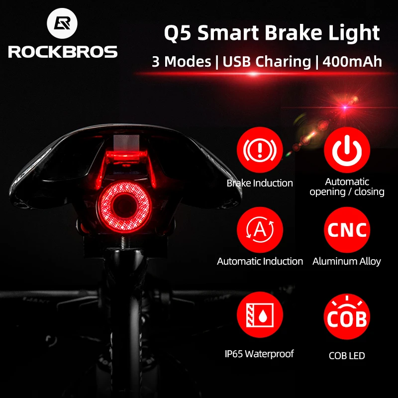 

ROCKBROS Smart Bicycle Rear Light Auto Brake Sensing IPX6 Waterproof Cycling Tail Lamp LED USB Charging Safety Bike Taillight Q5