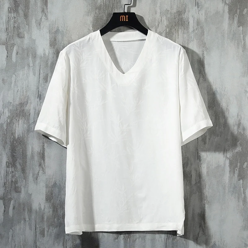 Summer Men's Ice Silk Jacquard T shirt Solid Colour V neck Casual Men's