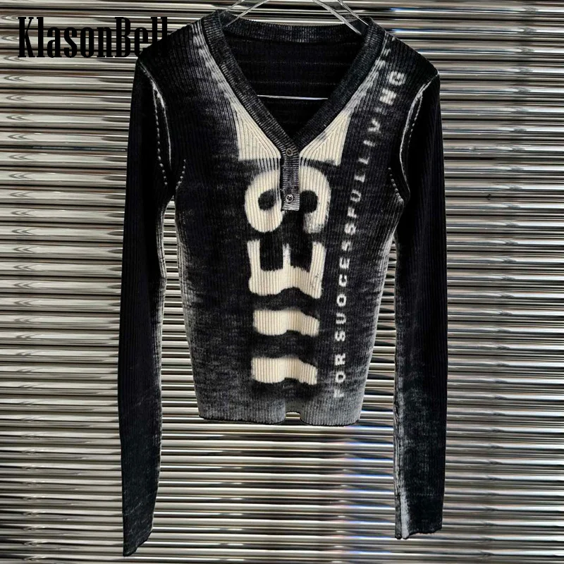 

11.17 KlasonBell Letter Print Subcoating Slim Knitwear Top Women Tie Dye Distressed V-Neck Button Wool Pullover Sweater