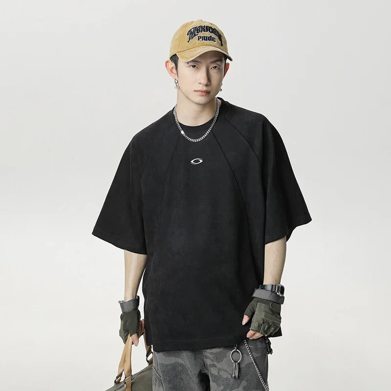 TFETTERS 브랜드 스플라이싱 스웨이드 남성 T 셔츠 2026 여름 뉴 아메리칸 빈티지 반팔 티셔츠 남성 솔리드 컬러 남성 의류