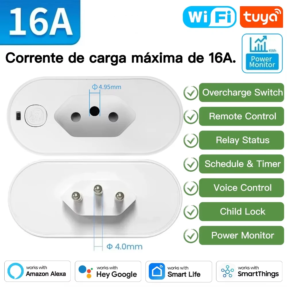 ปลั๊กไฟอัจฉริยะ Tuya แบบปลั๊กบราซิล 16A พร้อม WiFi ตรวจสอบการใช้พลังงาน ตั้งเวลา ควบคุมด้วยเสียงผ่านแอป Smart Life รองรับการควบคุมด้วยเสียงสำหรับ Google Home และ Alexa 1