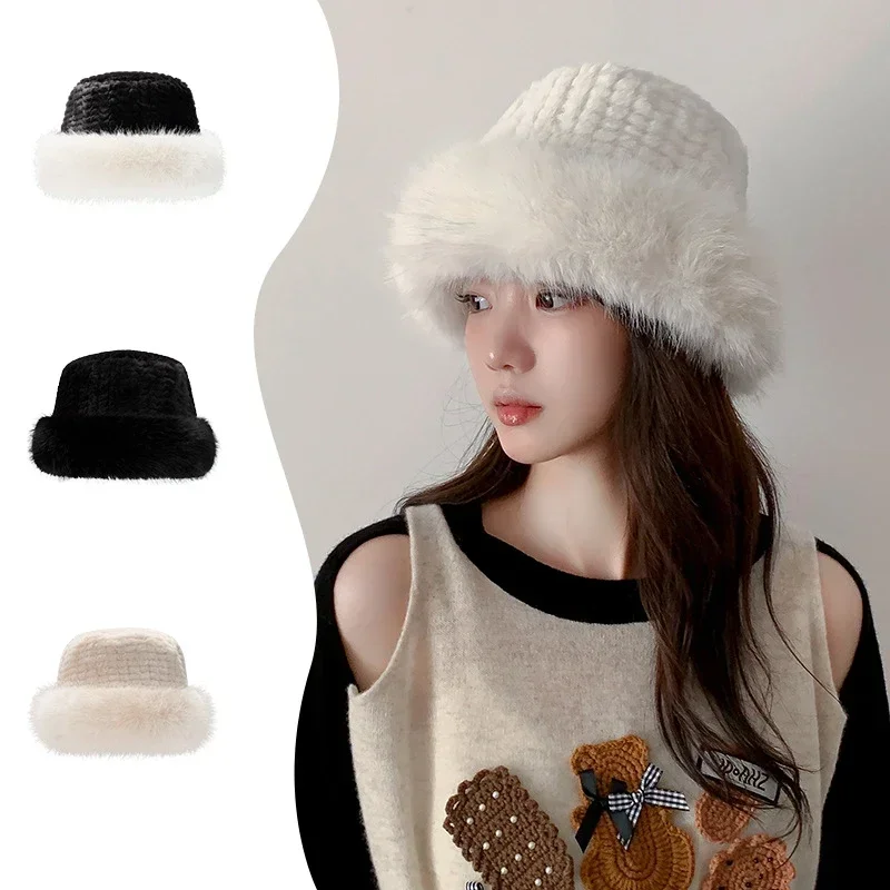 

Autumn and Winter Faux Fox Fur Hat for Women Large Bucket Hats Thick Warm Luxury Fisherman Hat Skullies Bob Ladies Cap Bonnet