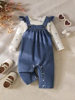 Baby girl autumn fresh style denim overalls printed bottom shirt set with ruffle edge decoration for daily travel outfit 1