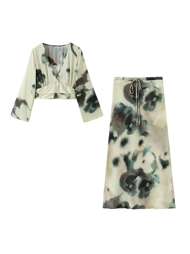 

ZADATA 2023 осенний женский костюм с принтом, топ с длинными рукавами и V-образным вырезом, короткий топ с высокой талией, регулируемая юбка на шнуровке