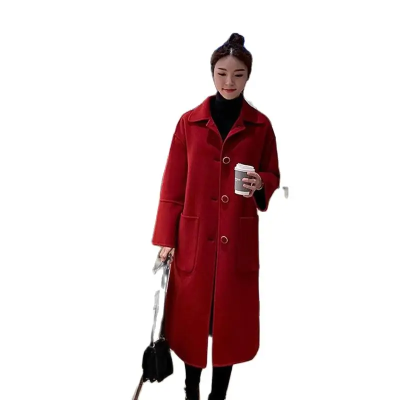 

Woolen Coat Women's Temperament Mid-length Autumn And Winter New High-end Korean Version Hepburn Style Button Pocket Woolen Coat