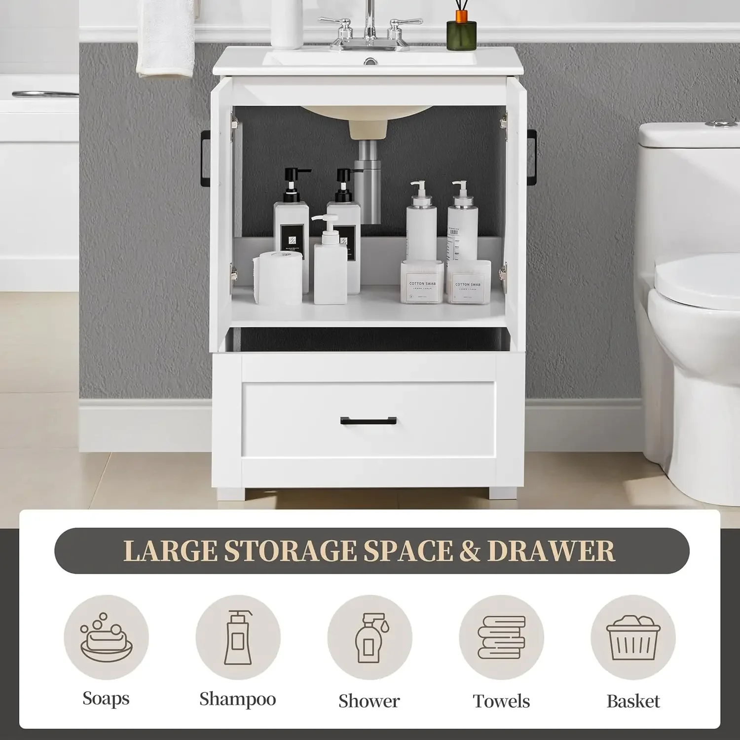 24.5" Modern Bathroom Vanity with Ceramic Basin,Undermount Bathroom Vanity Sink Cabinet with 2 Doors and 1 Drawer, Free Standing 6