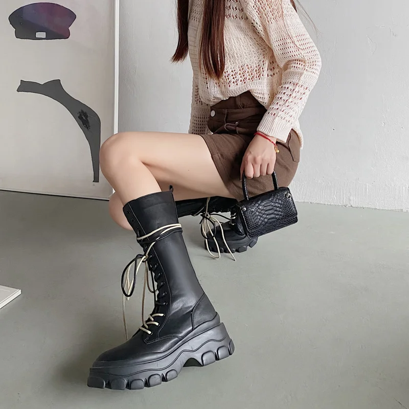 Brand New Ladies Hot Cross-tied HeelsPlatform Boots Genuine Leather WomanShoes Fashion FemaleMotorcycles Boots Shoes for Women