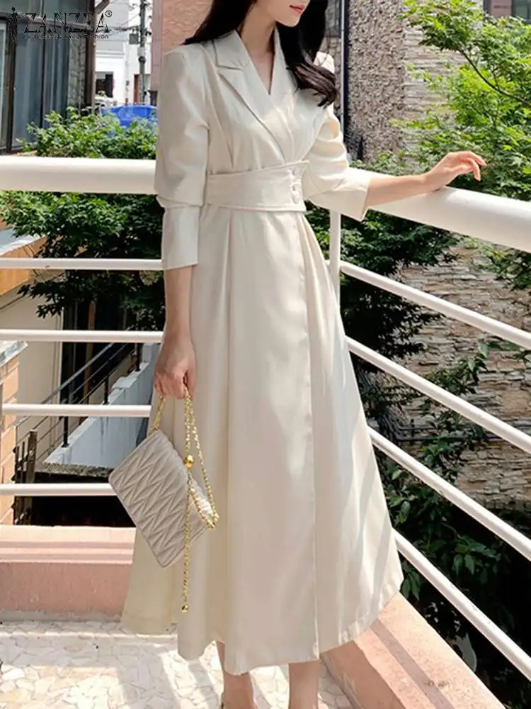 

ZANZEA Holiday 2023 Autumn Vestidos Women Suit Collar Maxi Dress Fashion Waisted Buttons Long Robe Causal OL Long Sleeve Dresses