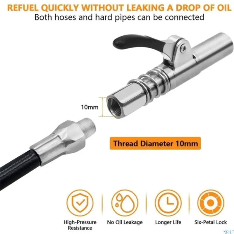 N84F High Pressure Single Handle Grease Guns Mouthpiece and 2 Flexible Hoses Suitable for Standard Grease Nipples M6 to M14
