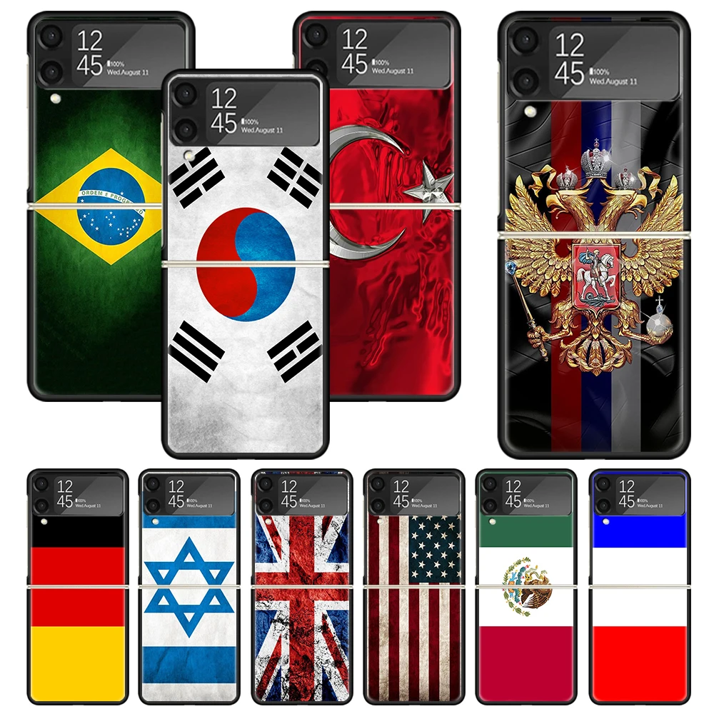 Bandiera Nazionale Ru Fr Uk Print Case Per Samsung Galaxy Z Flip 3 4 5 5G Black Hard Cell Phone Shell Zflip3 Flip4 Flip5 Pattern Cove
