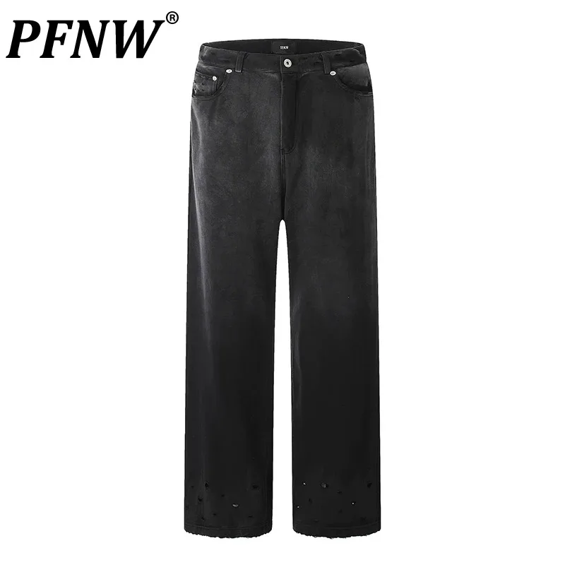 

PFNW American Stylish Men's Hole Jeans High Street Straight Male Denim Pants Casual Trousers Vintage 2024 Summer New 28W2676