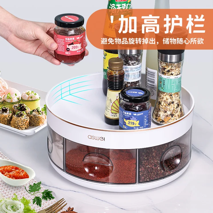 Round condiment box Rotating shelf Kitchen condiment pot Rotating storage tray Multi functional rotating shelf