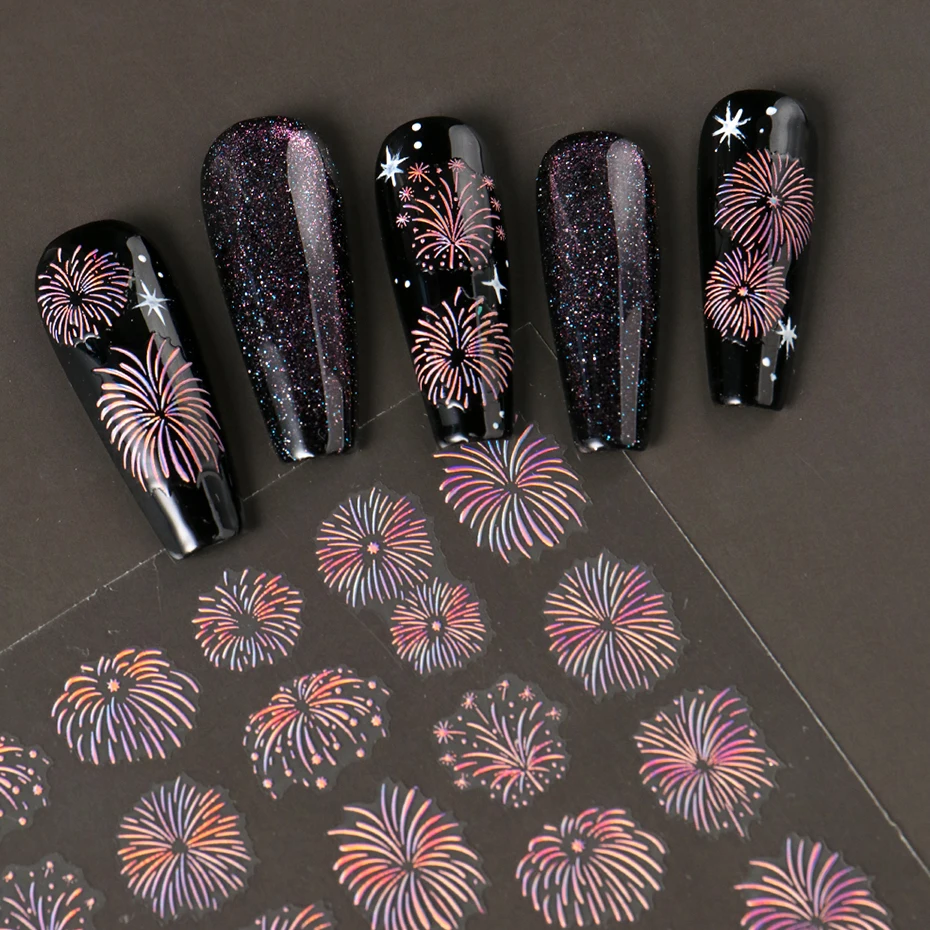 5개입 3D 불꽃놀이 네일 스티커 레이저 로맨틱 블루밍 불꽃놀이 접착 데칼 네일용 새해 DIY 네일 살롱 장식