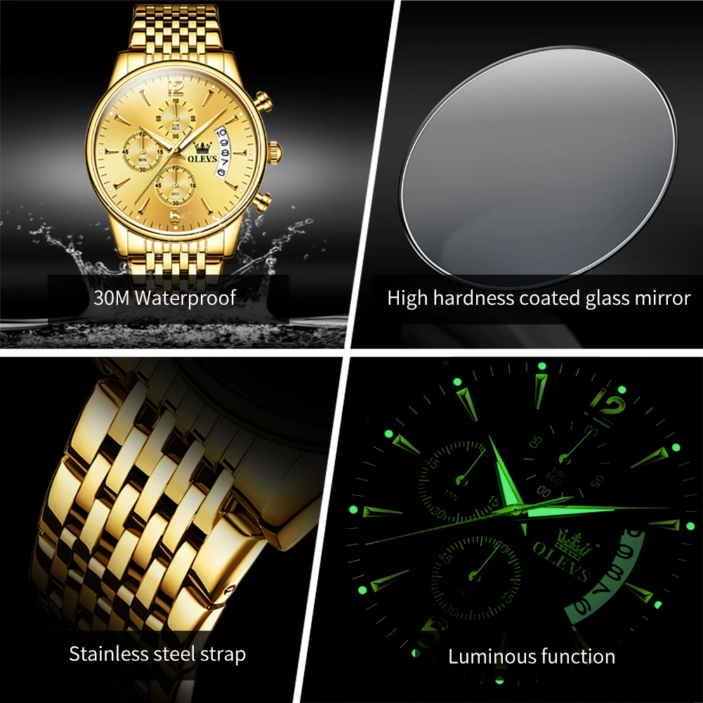 OLEVS 2867 Business Golden Stainless Steel Men Watches Luxury Brand Date Chronograph Luminous Waterproof Quartz Watch for Man