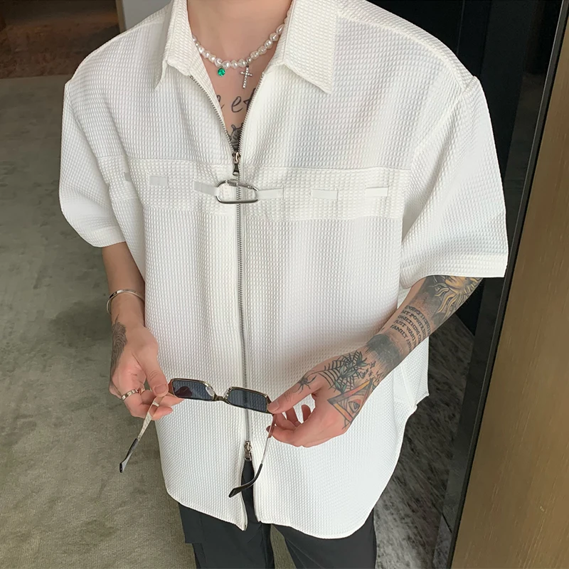 

High Quality Waffle White Shirts Men Streetwear Fashion Y2K Zipper Design Shirt Pure Color Loose Lapel Shirt Mens Leisure Tops