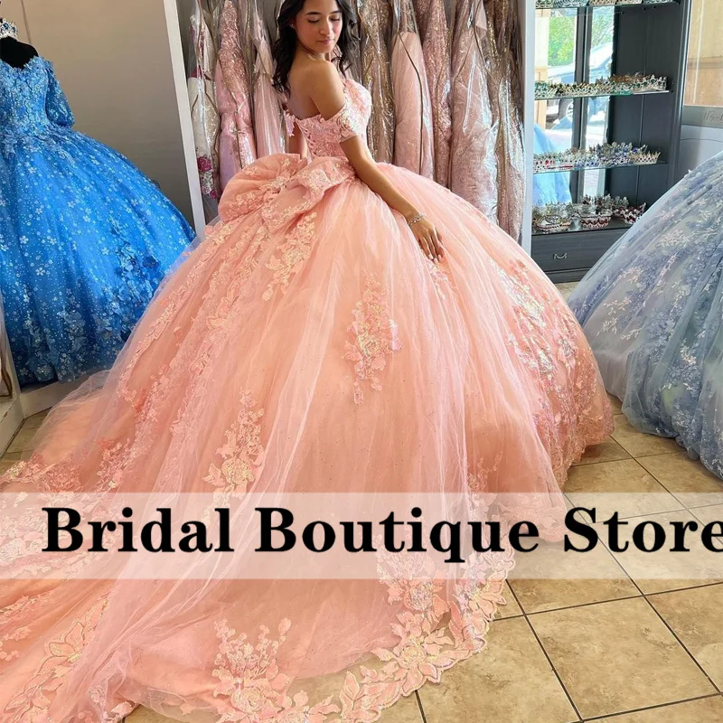 Sky Blue Ball Gown Quinceanera Dresses Bow Off Shoulder Beaded Appliques Sequins Sweet 16 Dress Vestidos De 15 a&ntilde;os